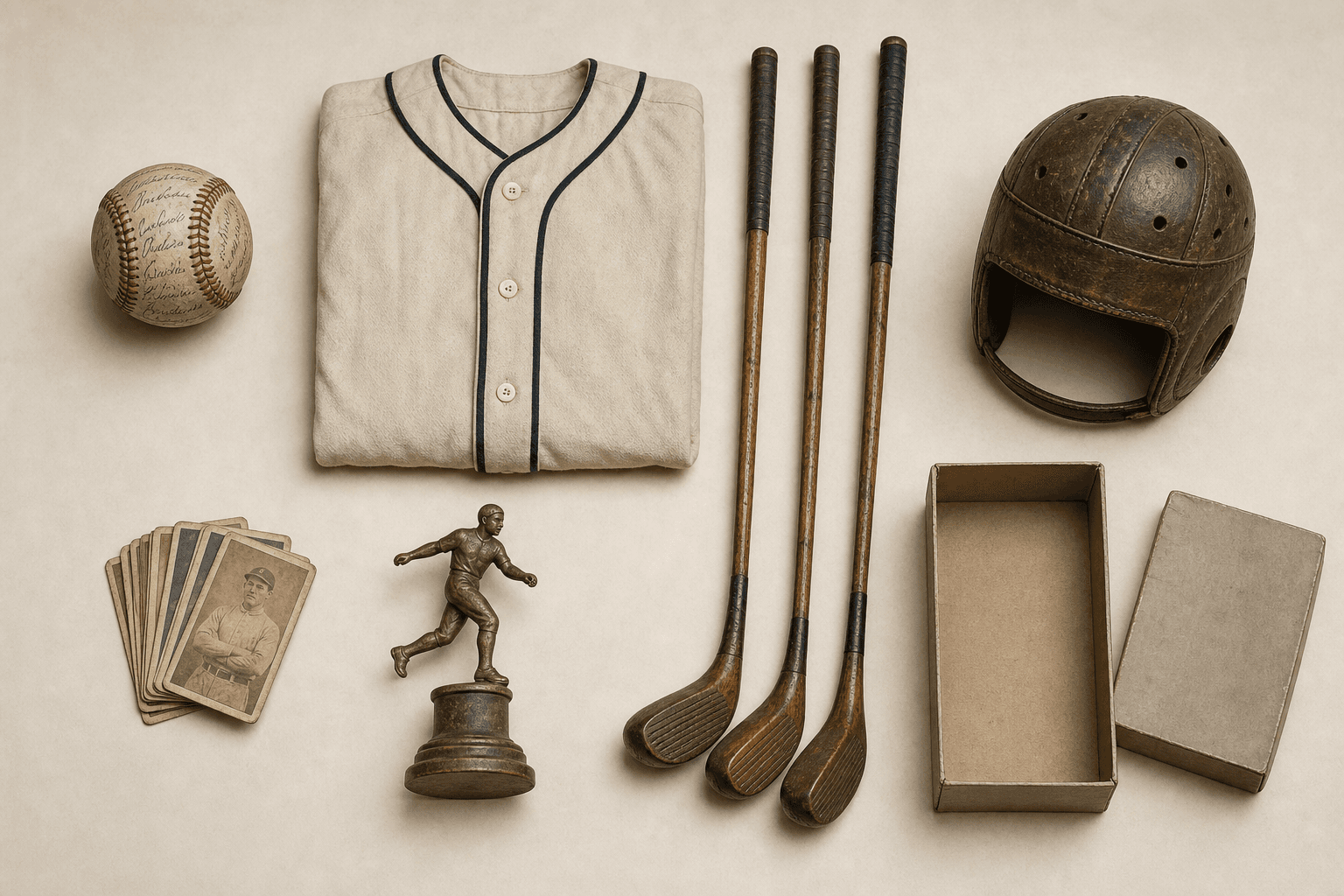 Inherited sports items laid out flat on paper: a signed baseball, a folded wool jersey, three wooden-shafted golf clubs, a leather football helmet, a stack of old cards, a brass trophy and an open shoebox.