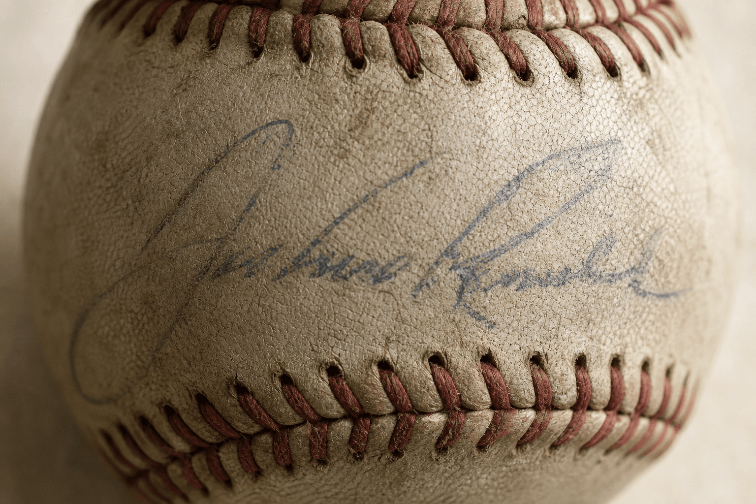 Extreme close-up of a faded blue ballpoint signature across the worn leather sweet spot of an old baseball, lit from the side.